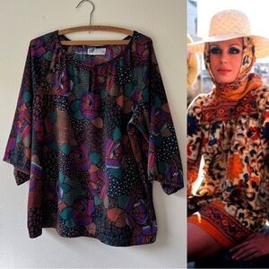 Vintage 70’s short sleeve dark silky polyester top‎ size XL/XXL